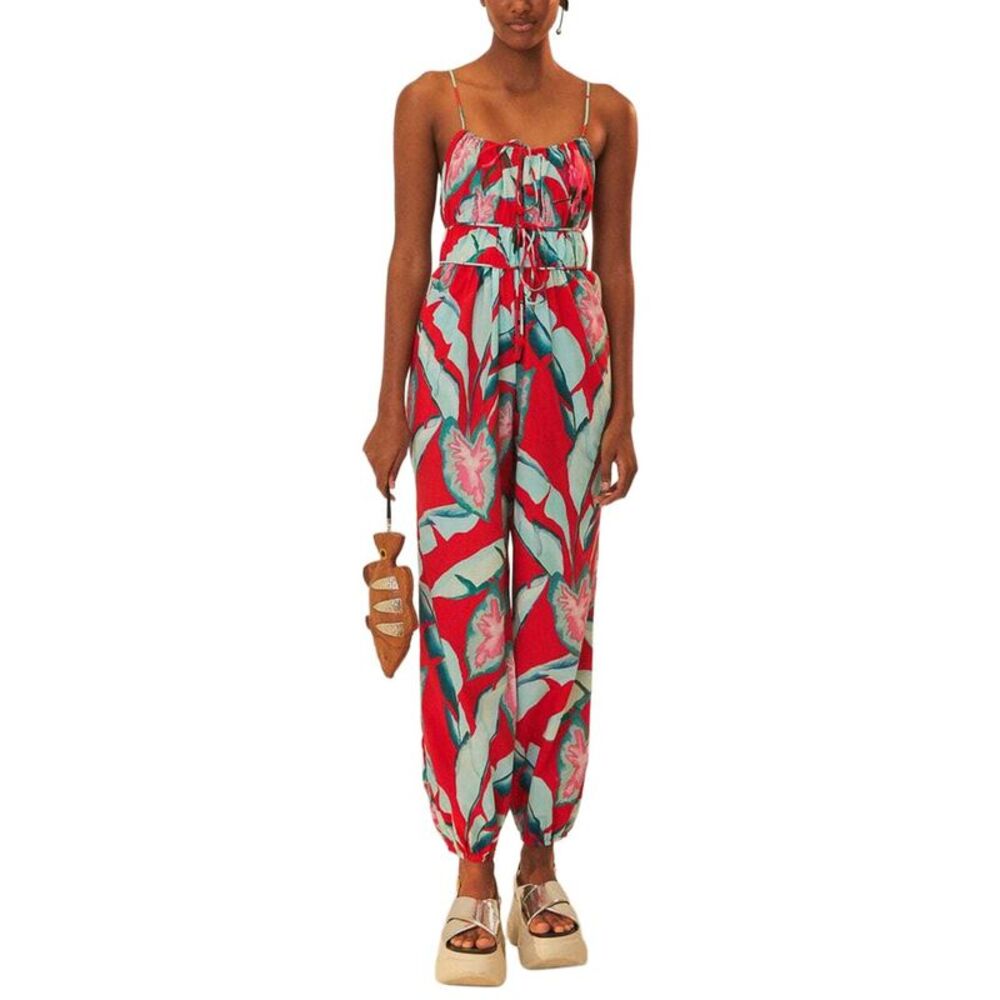 Farm Rio Womens Summer Foliage Red Jumpsuit